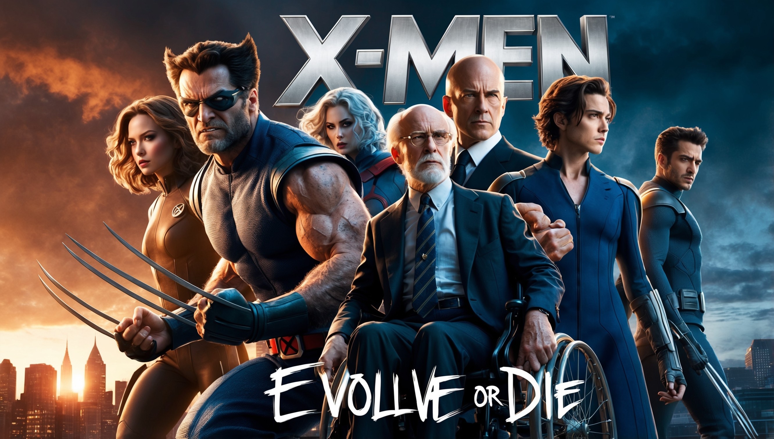 A dynamic poster featuring the iconic characters from the X-Men film series, set against a backdrop of a cityscape at dusk, with a mix of warm orange and cool blue hues, evoking a sense of action and unease. Wolverine, with his adamantium claws extended, stands prominently in the foreground, his facial features defined by his rugged, bespectacled visage and determined expression. Professor X, with his sleek wheelchair, looks on with an air of intelligence and authority, his bald head gleaming in the fading light. Other characters, including Storm, Cyclops, and Jean Grey, gather around them, each showcasing their unique abilities and distinct styles. The title 