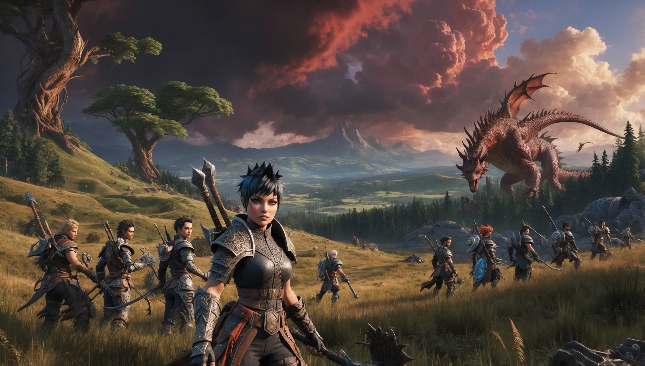 A sweeping landscape depicting a fantastical world inspired by the Monster Hunter Wilds game, where rolling hills and dense forests meet towering dragon-scale trees, set against a dramatic sky with clouds of deep crimson and burnt orange hues. In the foreground, a group of hunters, each with unique armor and weapons, stand poised and ready for battle, their faces determined and focused, with varying skin tones and hairstyles. One hunter, a female with striking blue eyes and short, spiky black hair, takes center stage, her armor adorned with intricate engravings and glowing runes. The atmosphere is tense, with subtle hints of magic and ancient technology woven throughout the environment. The overall aesthetic is a blend of gritty realism and vibrant fantasy, with bold brushstrokes and textured details.