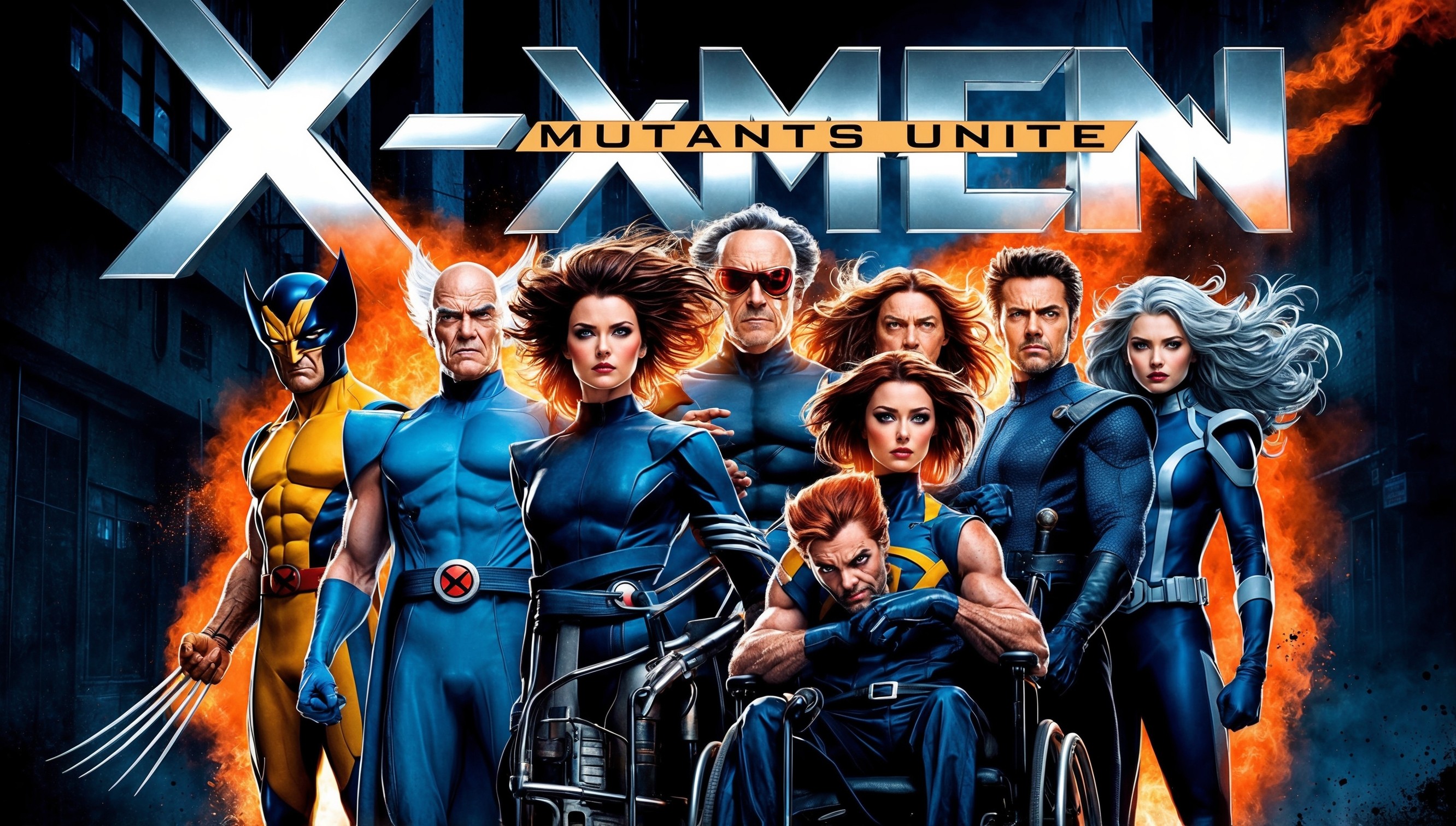 A dynamic poster showcasing the X-Men film series, featuring a bold, vibrant color palette with a mix of cool blues and fiery oranges, set against a dark, gritty urban background. In the foreground, a grouping of iconic characters stands united, including Wolverine with his adamantium claws extended, Professor X with his wheelchair and wise gaze, Storm with her windswept hair and powerful eyes, Cyclops with his visor and determined expression, and Jean Grey with her fiery phoenix aura surrounding her. The characters are positioned in a circular formation, conveying a sense of unity and solidarity, with subtle hints of drama and action in their poses and facial expressions. The title 