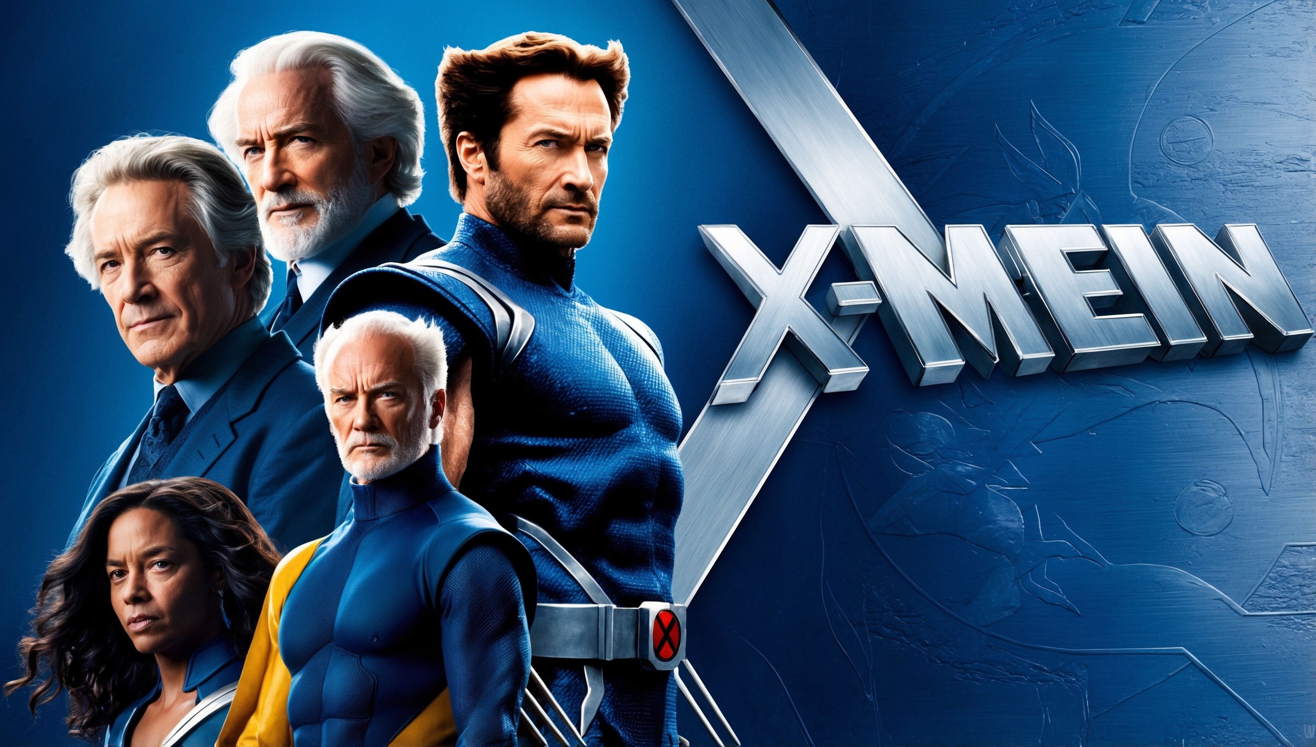 A dynamic poster featuring the iconic characters from the X-Men film series, set against a bold, gradient blue background with subtle, textured embossing, evoking a sense of metallic sheen. In the foreground, a heroic pose of Wolverine, played by Hugh Jackman, stands central, his facial features strong and determined, with a hint of his iconic adamantium claws. To his left, Professor Charles Xavier, embodied by Patrick Stewart, looks wise and compassionate, with a hint of a gentle smile. On the right, Storm, portrayed by Halle Berry, exudes regal confidence, her dark hair and skin radiant against the blue backdrop. In the background, a subtle montage of action-packed scenes from the films, with hints of the X-Men's iconic costumes and logos, adds depth and energy to the image. The title 