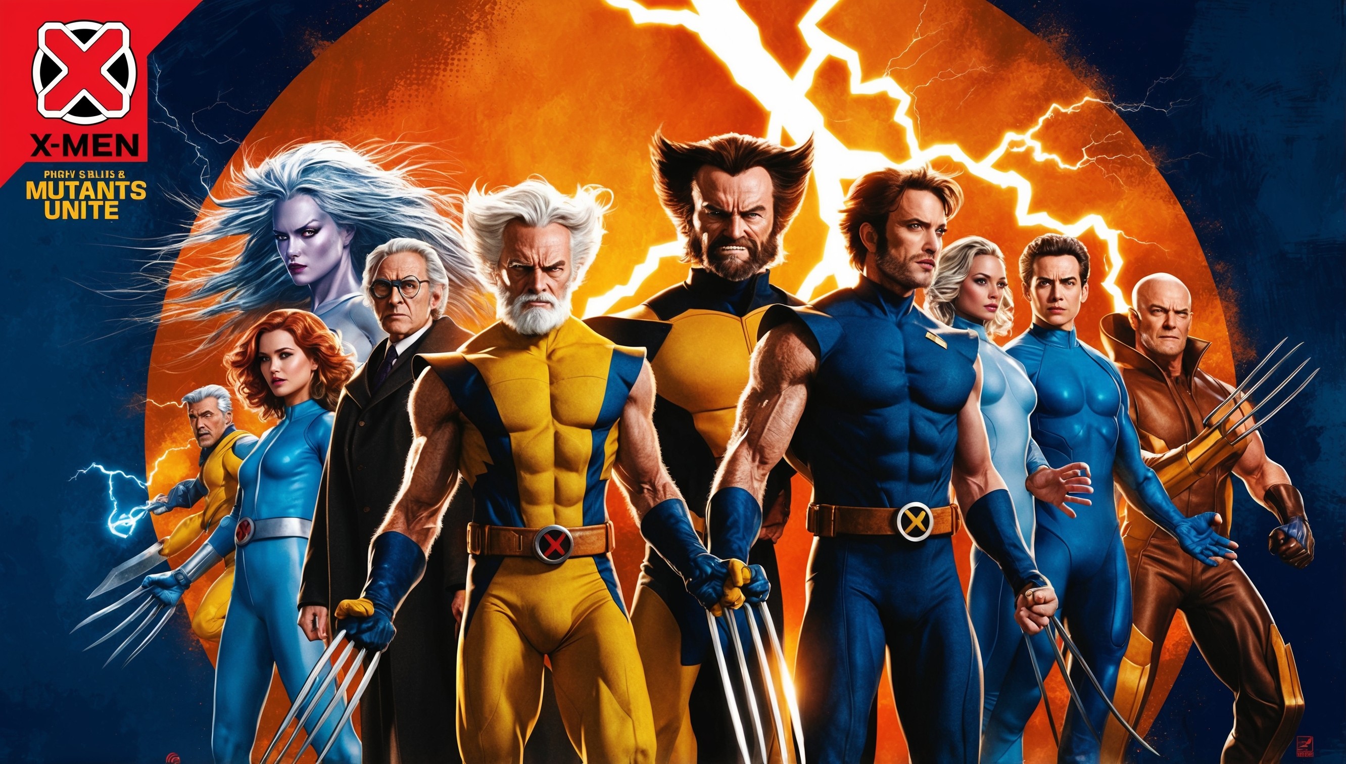 A vibrant and dynamic movie poster-inspired artwork featuring the iconic characters from the X-Men film series, set against a bold, comic book-style background with a mix of deep blues and fiery oranges. In the foreground, Wolverine stands tall with his adamantium claws extended, flanked by Professor X and Magneto, each showcasing their unique abilities. Storm's powerful wind-swept hair and lightning-filled sky surround them, while Cyclops, Jean Grey, and Rogue take their places beside them. The characters' facial features are expressive and detailed, with Wolverine's rugged beard and Professor X's wise, caring eyes. The entire ensemble is bathed in a warm, golden light, with subtle texture and shading that evokes a sense of depth and dimensionality. In the top-left corner, the X-Men logo proudly displays its signature red and yellow colors, with the tagline 