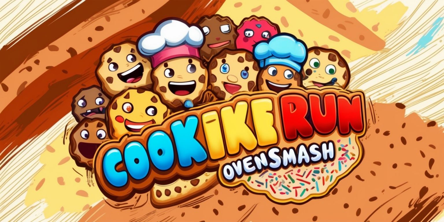 A vibrant and dynamic illustration of the Cookie Run: OvenSmash game, featuring a detailed and colorful depiction of the game's characters, including a variety of cookies with unique facial features and expressive emotions, set against a warm and inviting background with shades of golden brown and creamy white, with bold lines and textures, and a mix of bright and pastel colors, including red, blue, and yellow, with the game's logo prominently displayed in a fun, playful font with a rounded shape and a splash of colorful sprinkles surrounding it.