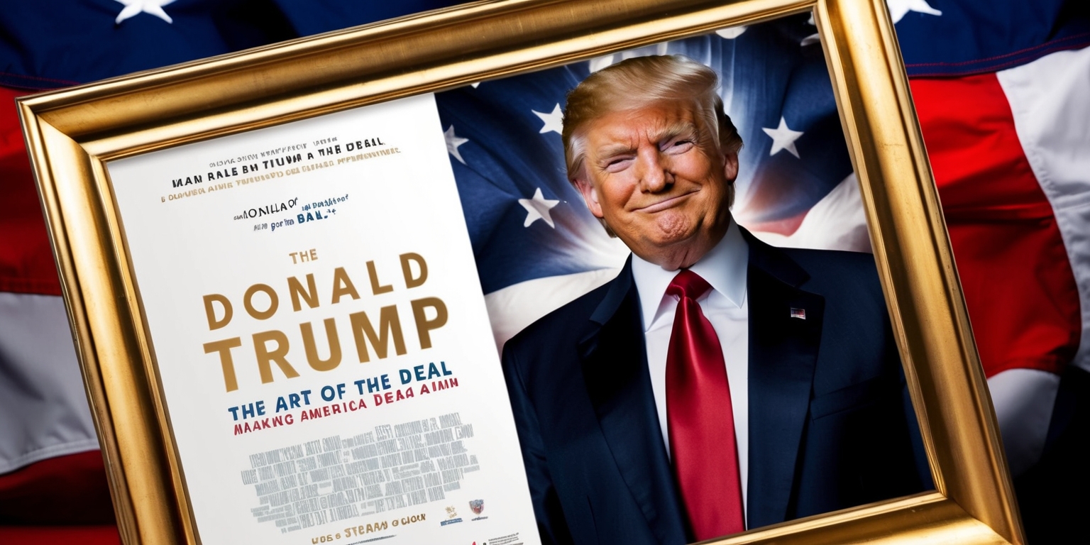 A majestic, gold-framed movie poster featuring a regal, suited Donald Trump, with a confident, smirk-like expression, prominent eyebrows, and a distinctive hairstyle, against a star-spangled, red, white, and blue background, evoking a sense of American patriotism, with bold, golden font announcing the title of the biopic, possibly with a tagline like The Art of the Deal or Making America Great Again, in a modern, sleek, and attention-grabbing design, with subtle hints of luxury and opulence, as if symbolizing Trump's affluent lifestyle and entrepreneurial spirit, with a hint of drama and intrigue, conveying the complexity and controversy surrounding his life and presidency.