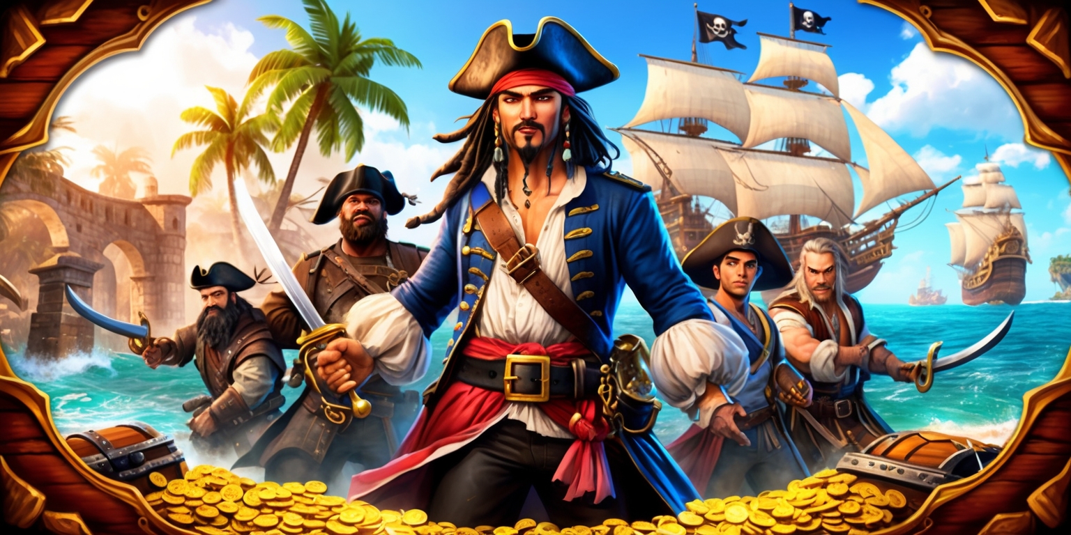 A vibrant, fantasy-inspired illustration depicting a thrilling pirate adventure game scene, set against a warm, sun-kissed Caribbean island backdrop with swashbuckling pirates, ancient ruins, and mysterious treasure chests, amidst a whirlwind of action, with cannons blazing, swords clashing, and a majestic galleon ship sailing in the distance, its billowing sails and fluttering Jolly Roger flag waving in the ocean breeze, as a fearless pirate captain with a strong, chiseled jawline, piercing blue eyes, and a bandana-wrapped head, stands boldly at the center, sword in hand, surrounded by a diverse crew of seasoned buccaneers, including a burly, bearded quartermaster, a cunning, tattooed first mate, and a youthful, agile cabin boy, all with weathered skin and worn, earth-toned clothing, amidst a treasure trove of gold coins, glittering jewels, and ancient artifacts, with subtle, ornate wooden paneling and parchment-like textures, evoking a sense of nostalgia and classic, timeless gaming.