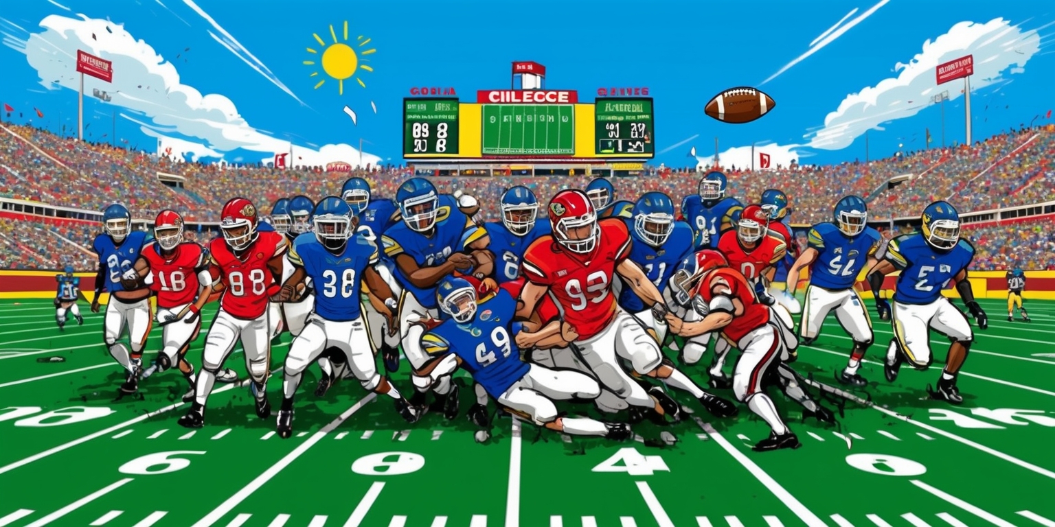 A vibrant and action-packed illustration of a college football game with 26 players on the field, set against a bright green turf with white yard lines, under a clear blue sky with a few puffy white clouds, the sun shining down, casting a warm glow over the scene, with the players wearing colorful jerseys and helmets, their facial features contorted in determination, sweat dripping from their brows, as they clash in a intense tackle, the ball soaring through the air, the scoreboard in the background displaying the game's progress, the stadium filled with cheering fans, all captured in a dynamic and energetic style, with bold lines, vivid colors, and a sense of movement and energy.