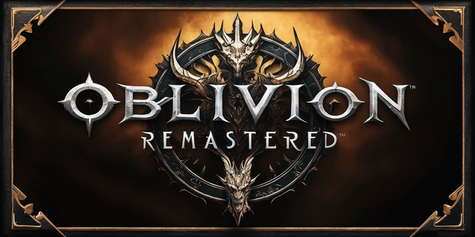 A stunning, high-definition, remastered game cover art for Oblivion, Bethesda's iconic action role-playing game, set against a dark, mystical, and ominous background with warm golden hues, featuring the game's emblem, a majestic imperial dragon, in the center, with intricate, ornate details and patterns, surrounded by subtle, mysterious, and ancient runes, with the game's title, Oblivion, emblazoned in bold, metallic silver font, with a subtle glow effect, and the tagline Remastered written in smaller text below, in a modern, sans-serif font, with a dark, leather-bound border, adorned with subtle, gold accents, evoking a sense of luxury, mystery, and ancient mysticism.
