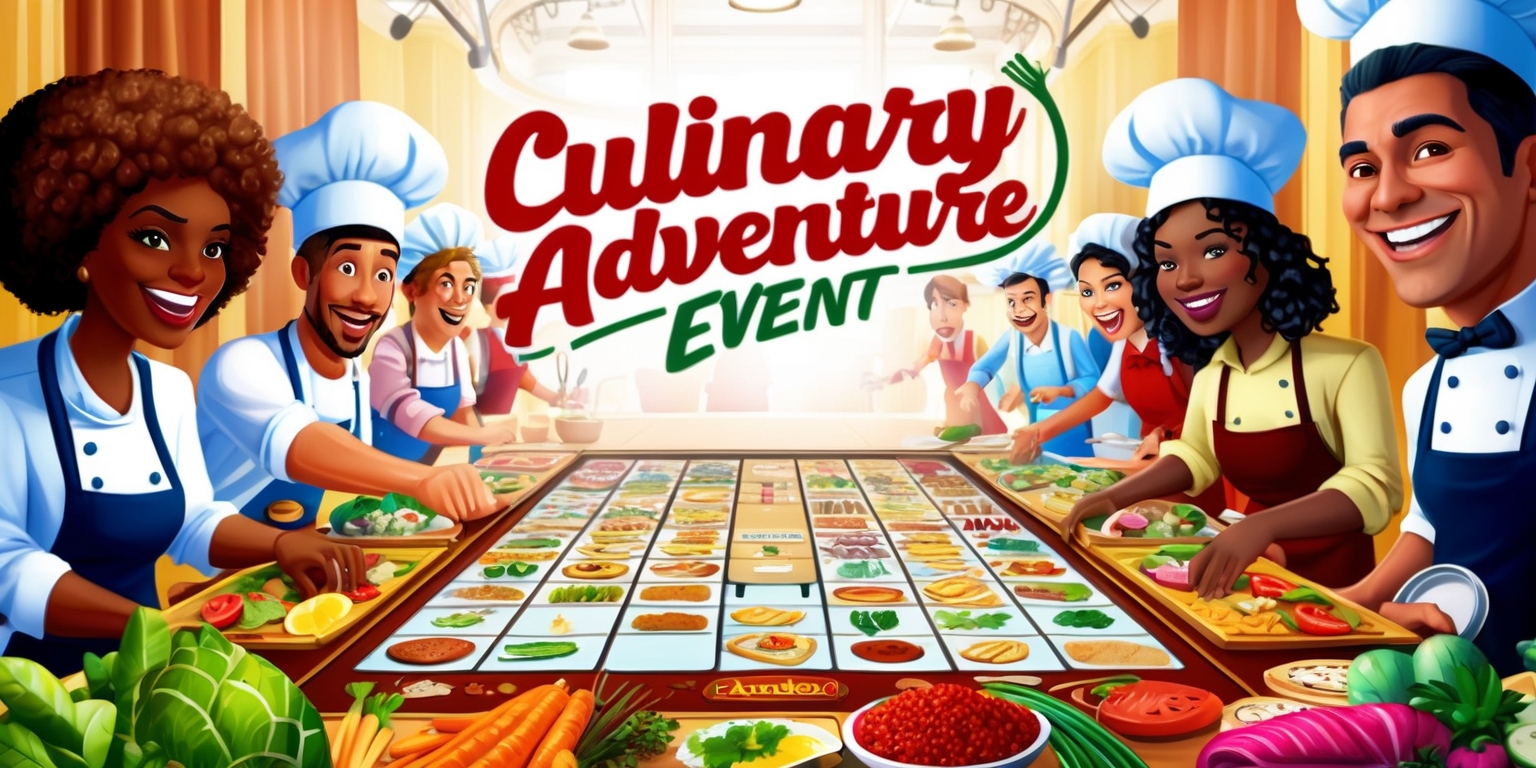 A vibrant and bustling culinary event scene with a large game board at its center, surrounded by excited participants of diverse skin colors and facial features, including a woman with curly brown hair and a man with a bright smile, all engaged in a competitive cooking adventure, with various food stations and ingredients on display, such as fresh vegetables, spices, and herbs, in a warm and appetizing color palette with shades of golden brown, deep red, and rich green, under a bright and airy atmosphere with soft natural lighting, and decorative elements including chef hats, utensils, and cookbooks, with a bold, playful font displaying the words Culinary Adventure Event in a curved line above the game board.