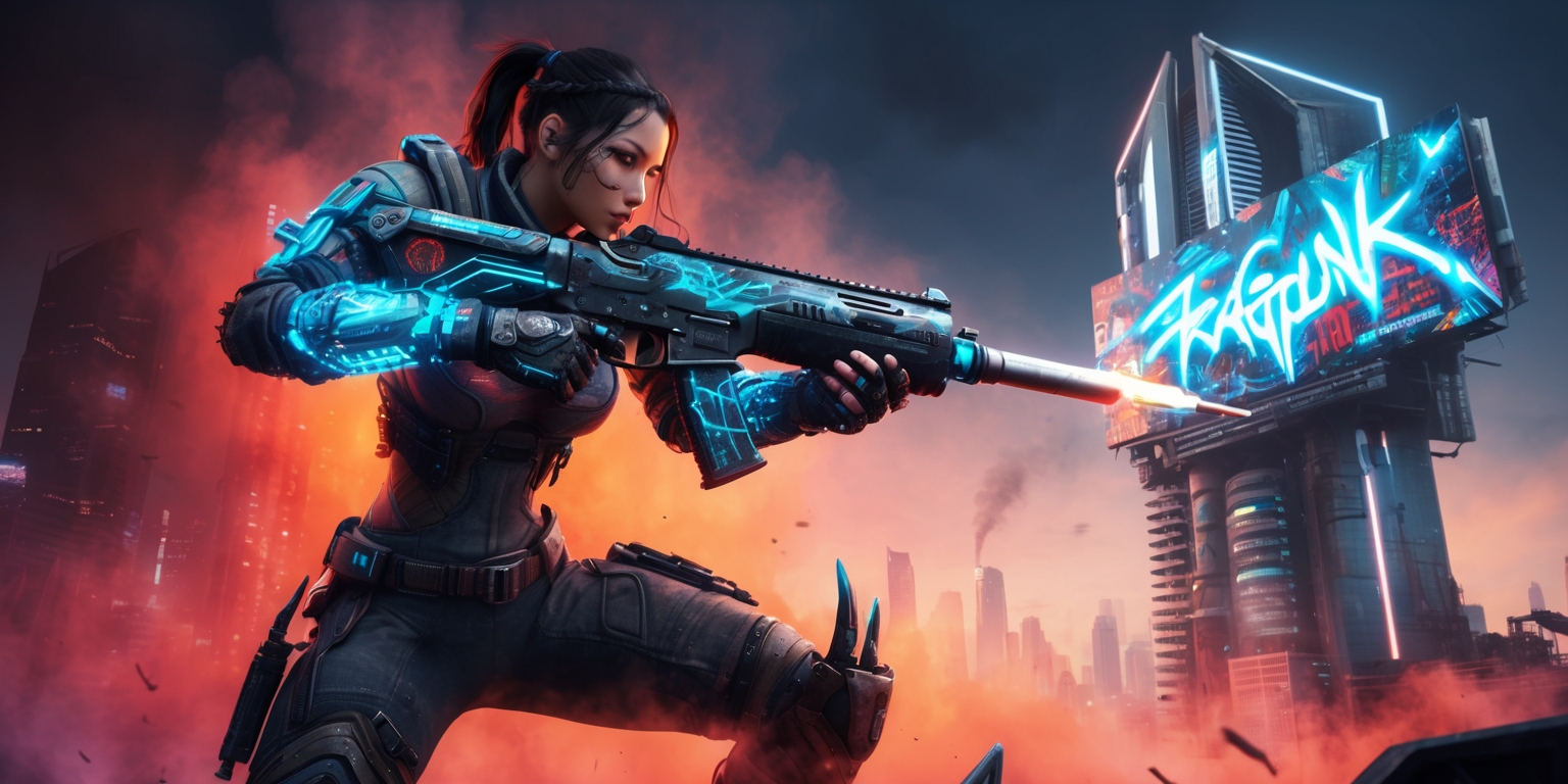 A dystopian, neon-lit cityscape serves as the backdrop for a rugged, female fragpunk game protagonist, clad in a tattered, high-tech exosuit, with glowing blue circuits and retractable, razor-sharp claws, amidst a haze of smoky, orange-tinged fog, as she readies her heavily modified, energy-infused rifle, its cylindrical barrel emblazoned with cyberpunk-inspired, metallic accents, and holographic, scrolling code, against a distant, imposing skyscraper, its sleek, angular architecture pierced by a sprawling, graffiti-tagged billboard, bearing the game's bold, graffiti-style logo, in shimmering, electric blue, amidst a riot of vibrant, neon hues, evoking a gritty, high-octane, hero shooter experience.