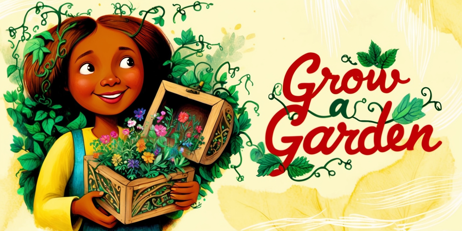 A whimsical illustration of a person surrounded by lush greenery, holding a small, intricately designed wooden box with a lid open, revealing vibrant flowers, leaves, and vines bursting out, as if the garden is growing out of the box itself. The person's skin tone is a warm, golden brown, with bright, expressive eyes and a gentle smile, radiating a sense of wonder and nurturing. The background is a soft, creamy yellow, with delicate, hand-drawn lines resembling a watercolor painting. The overall style is reminiscent of a vintage children's book, with bold lines, playful textures, and a mix of realistic and fantastical elements. The title Grow a Garden is written in bold, cursive script, with leaves and flowers intertwined with the letters, in a bright, poppy red color that pops against the softer background.