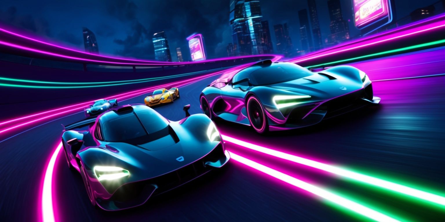 A futuristic neon-lit racing game scene with sleek, high-tech cars speeding down a winding track, set against a dark blue and purple backdrop with neon lights reflecting off the shiny car surfaces, the track lined with vibrant pink and green glow strips, and a cityscape with towering skyscrapers and neon billboards in the background, with a focus on dynamic movement and speed, the cars leaving blurry trails of light behind them, and the overall atmosphere is one of high-energy excitement and competition, with bright, glowing headlights and neon accents highlighting the cars' futuristic designs.