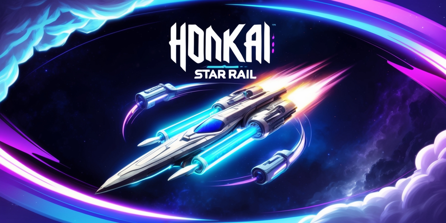 A breathtaking, futuristic illustration of a celestial-inspired poster for the Honkai: Star Rail game, with vibrant, neon-lit colors illuminating the dark blues and purples of the galaxy background, evoking a sense of adventure and exploration. In the center, a sleek, silver spaceship with glowing blue engines and intricate mechanical details takes center stage, surrounded by wispy, ethereal clouds and orbiting stars. The game's logo, a stylized, modern font with sharp, angular lines and a subtle gradient effect, is emblazoned on the top, with the tagline Explore the Galaxy written in a flowing, cursive script at the bottom. The overall style is a blend of sci-fi and anime aesthetics, with bold lines, dynamic composition, and a sense of movement and energy. The image is set against a subtle, gradient background that shifts from deep blues to purples, giving the impression of being in the midst of a cosmic journey.
