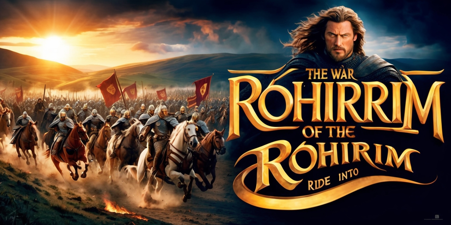 A dramatic movie poster for The War of the Rohirrim depicting a sweeping battlefield scene at dawn, with the sun rising over the rolling hills of Rohan, casting a warm golden light on the armies of horse-lords clad in shining armor, their banners emblazoned with the emblem of the White Horse, as they charge into battle against the dark forces of Mordor, with fires raging in the distance, and a prominent image of a proud Rohirrim warrior, with a strong jawline, wind-swept hair, and a determined gaze, set against a backdrop of dark clouds and fiery skies, with the title The War of the Rohirrim emblazoned in bold, golden font, with a 3D, metallic sheen, and a tagline Ride into Glory written in smaller text, curved around the title, in a stylized, fantasy-inspired font.