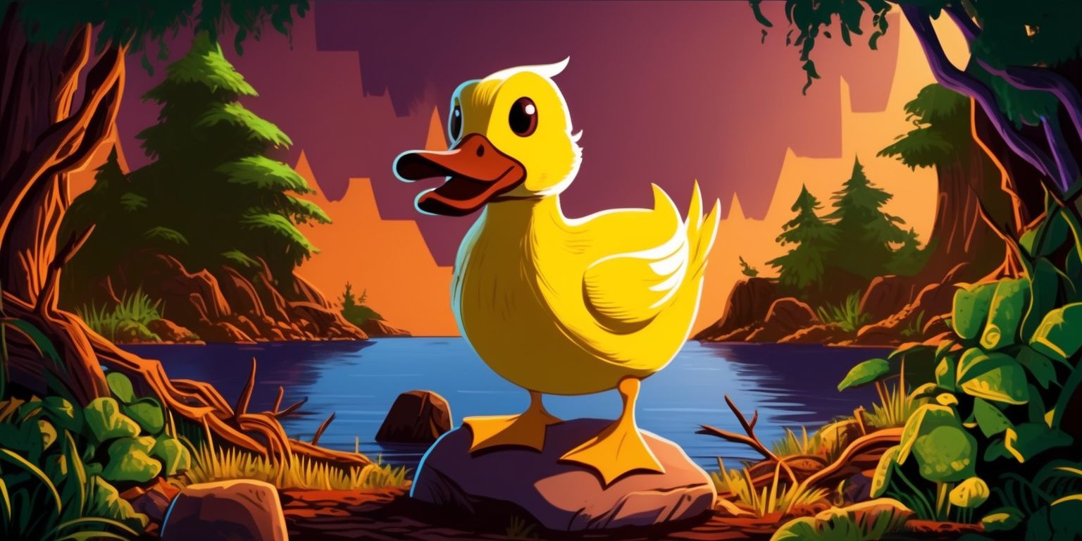 A vibrant and detailed illustration of a duck surviving in a treacherous terrain, set against a warm and ominous backdrop of orange and purple hues, with the duck as the main subject, having bright yellow feathers, a brown beak, and big round eyes, standing on a rock near the edge of a serene lake, surrounded by lush green trees and overgrown vegetation, with a few scattered rocks and twigs in the foreground, the duck appears determined and fierce, with its feathers slightly ruffled, and its beak open as if ready to quack, the overall style is reminiscent of a fantasy adventure game, with bold lines, intricate textures, and a sense of depth and atmosphere, the composition is dynamic, with the duck placed at the center, and the surrounding environment fading into the background, creating a sense of tension and drama.