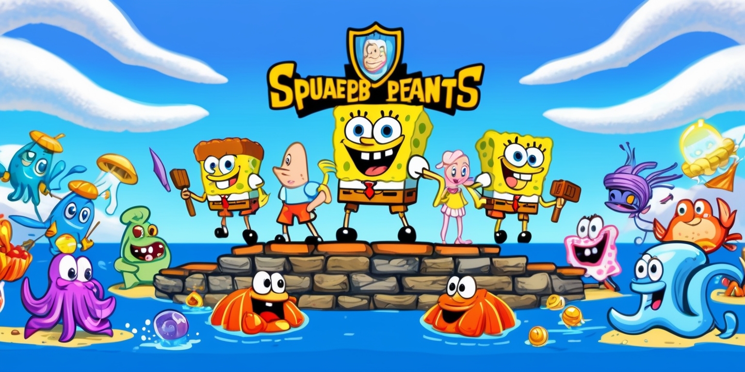 A vibrant digital illustration of a SpongeBob Tower Defense game scene, set against a bright blue background with wispy white clouds, featuring SpongeBob SquarePants and his friends from Bikini Bottom, including Patrick Star, Sandy Cheeks, and Mr. Krabs, standing together in a staggered formation, each holding unique towers or weapons to defend against an incoming wave of colorful cartoonish monsters and creatures, such as jellyfish, anchovies, and crabs, with expressive facial features and dynamic poses, surrounded by ornate, glowing power-ups and treasures, with the game's logo, a stylized bold font with a shield emblem, centered at the top, and a subtle gradient effect to resemble a video game screen, with bold lines, vivid colors, and a playful, whimsical art style reminiscent of the SpongeBob SquarePants franchise.