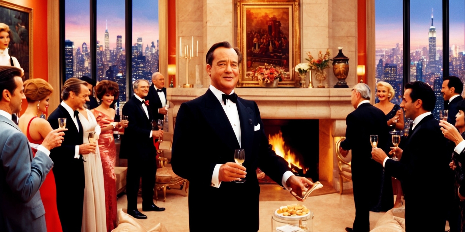 A cinematic scene from the 1990 film The Bonfire of the Vanities set in 1980s New York City, with a warm and vibrant color palette, evoking the opulence and decadence of the era, featuring Tom Hanks as Sherman McCoy, a successful bond trader, standing amidst a lavish party at his luxurious Manhattan apartment, surrounded by high-society guests, with champagne flutes and canapés in hand, amidst a backdrop of floor-to-ceiling windows overlooking the glittering city skyline, with a massive stone fireplace crackling in the background, adorned with expensive artwork and opulent furnishings, capturing the excesses and superficiality of the wealthy elite, with a sense of grandeur and drama.